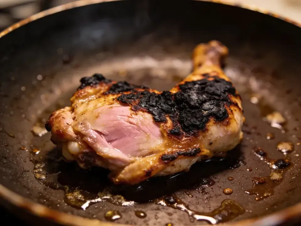 Chicken browned unevenly in a pan