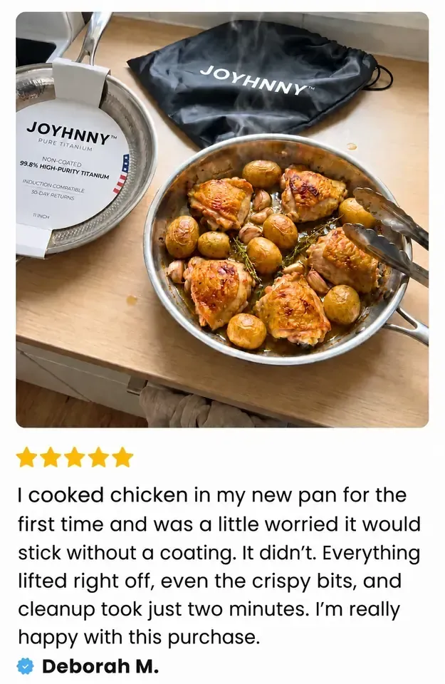 Customer review from Deborah M. with photo of chicken cooked in the pan