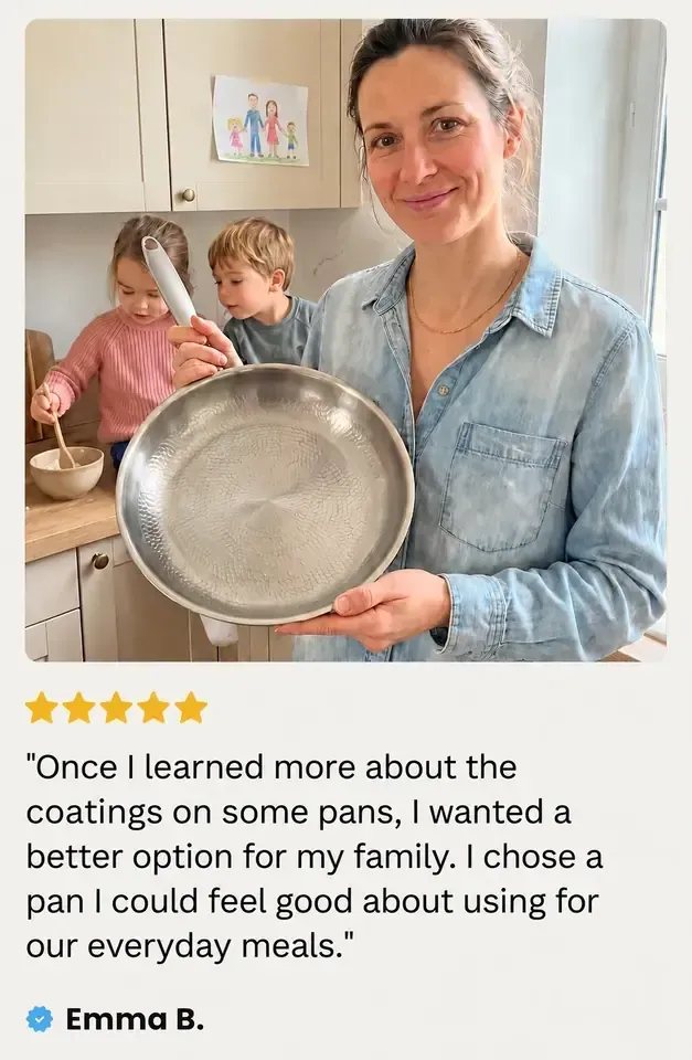 Customer review from Emma B. holding the pan with her children